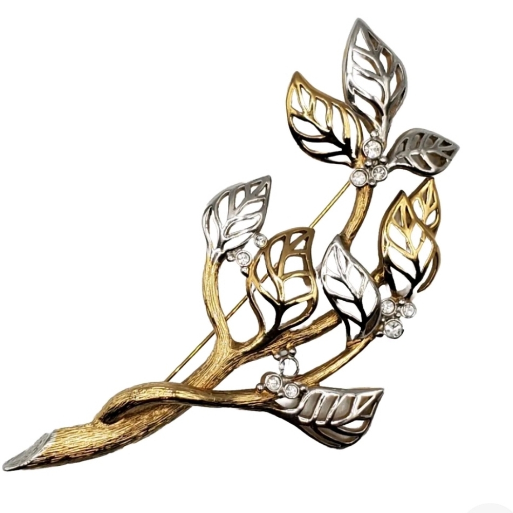 MCM Grossé Brooch Pin. Marked. Gold And Silver Tone Leaves. Rhinestones. Vintage